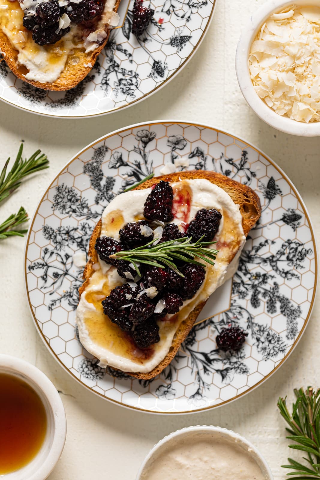 Overhead shot of Vegan Lemon Cream Cheese Breakfast Toast with Roasted Blackberries on a plate