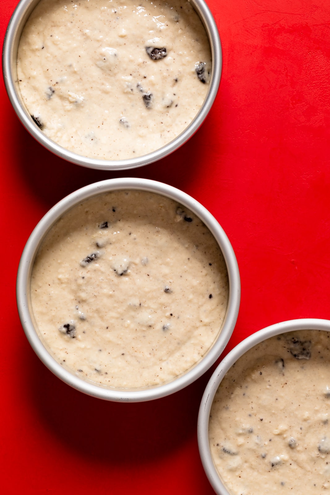 Round pans with Vegan Vanilla Oreo Cake batter