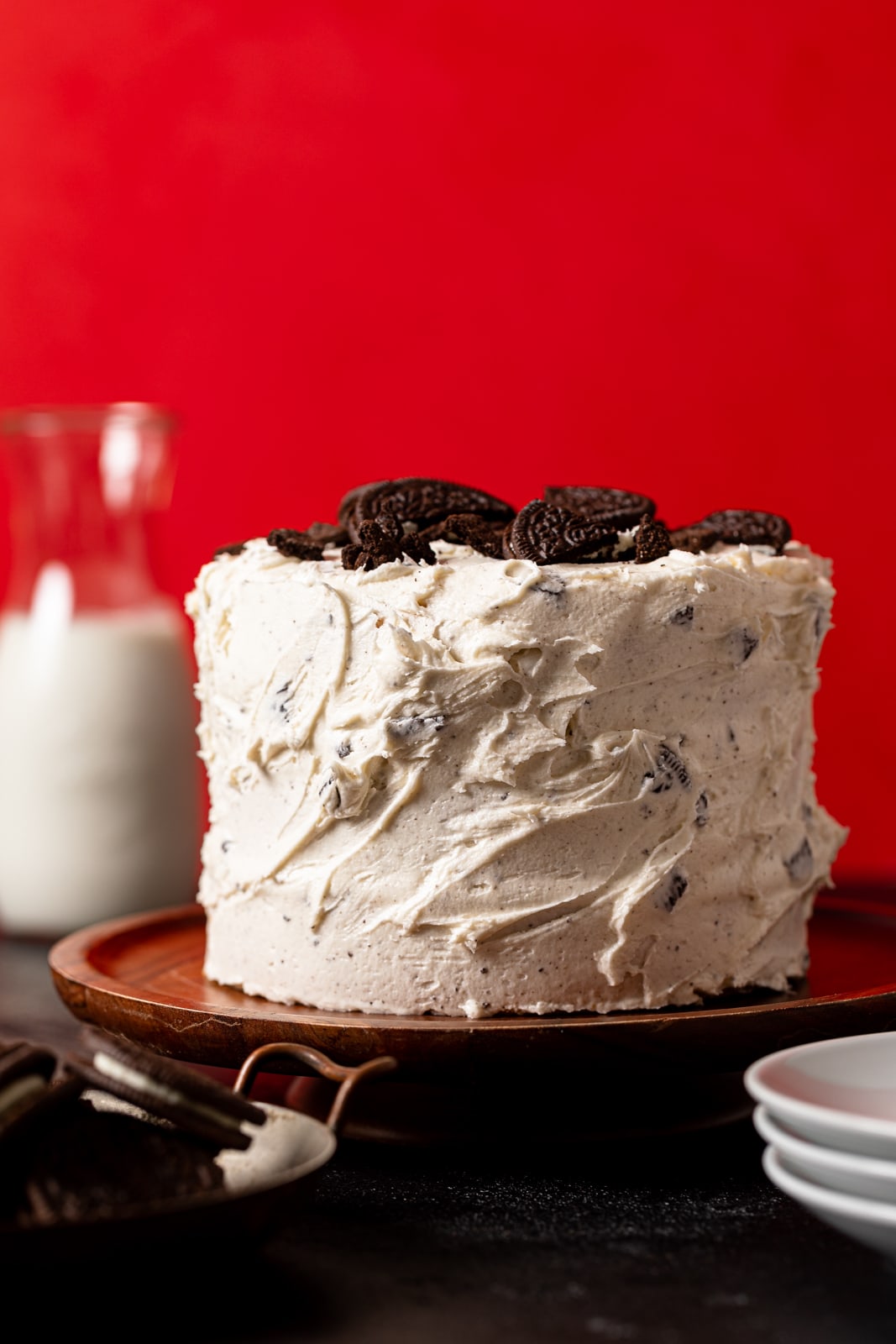 Vegan Vanilla Oreo Cake on a wooden platter