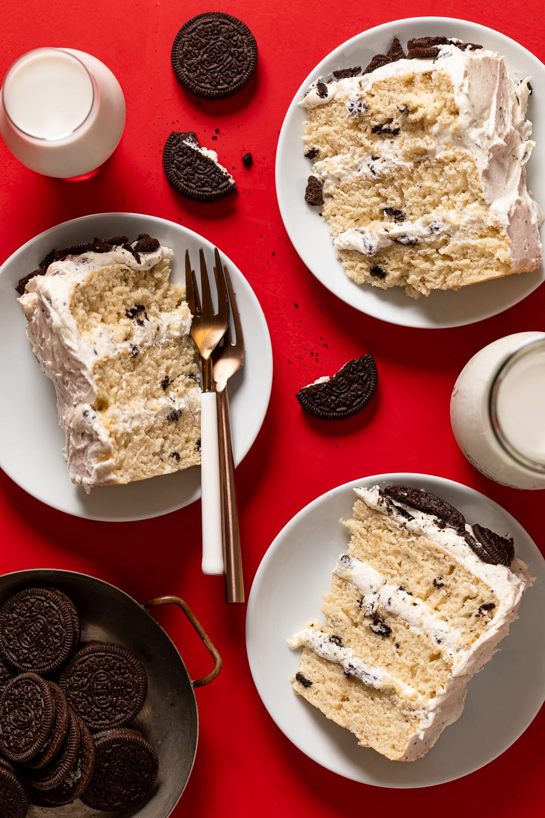 Slices of Vegan Vanilla Oreo Cake  on small plates