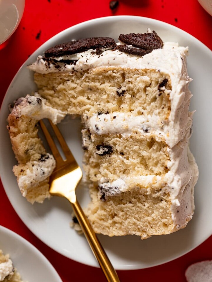 Slice of Vegan Vanilla Oreo Cake with a fork