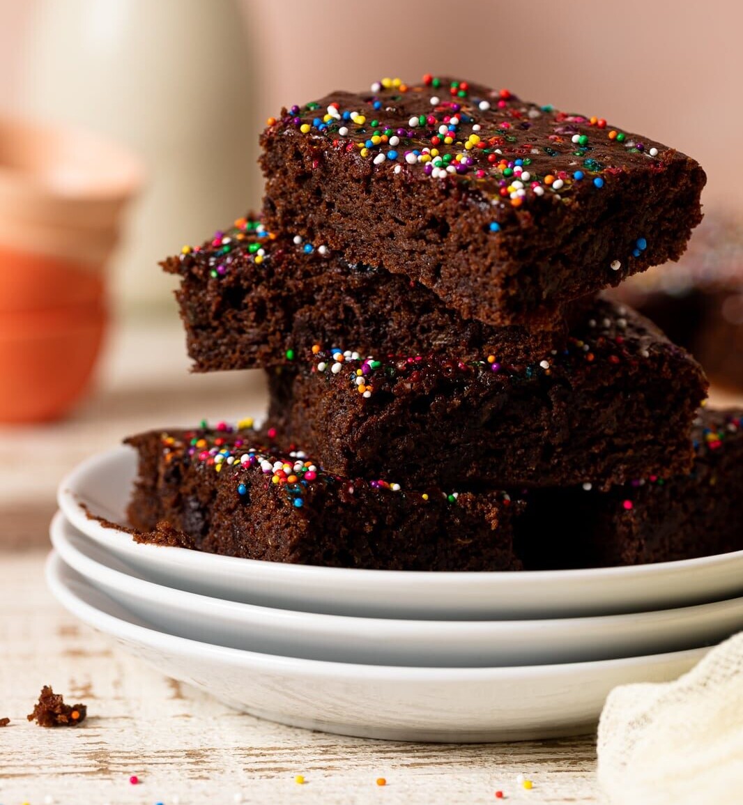 Closeup of a stack of Vegan Zucchini Brownies