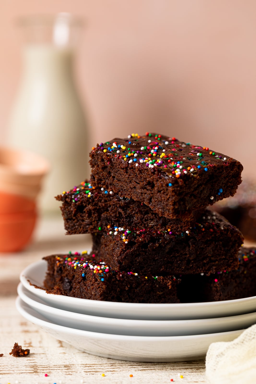 Closeup of a stack of Vegan Zucchini Brownies