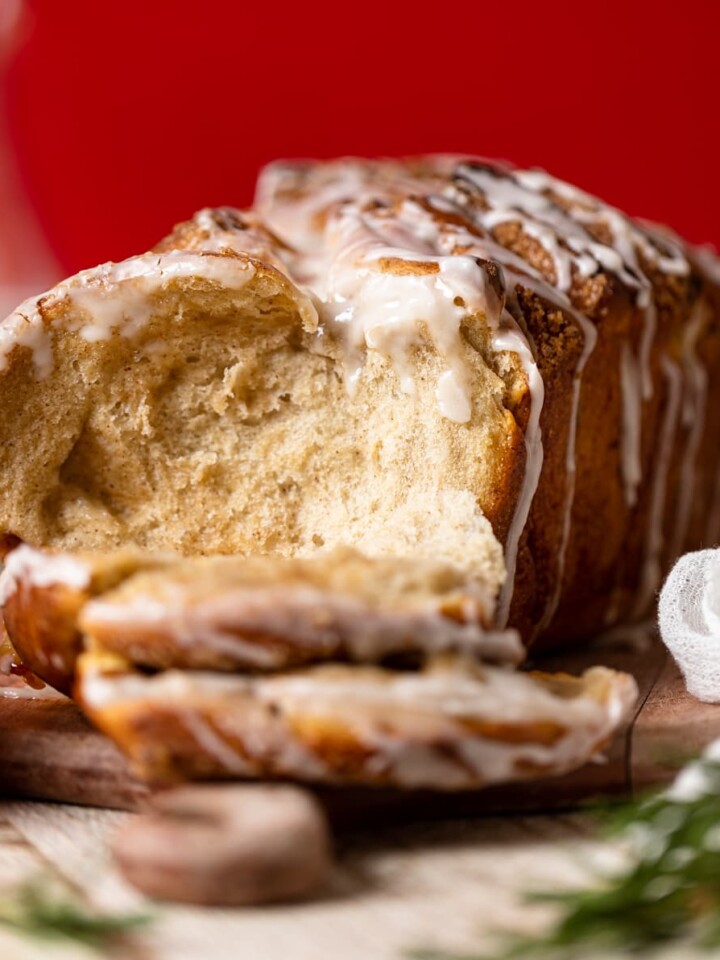 Loaf of Vegan Apple Cinnamon Pull-Apart Bread with an end pulled off