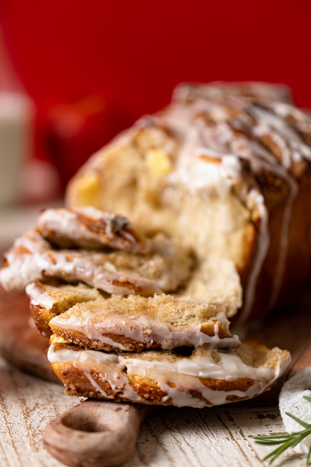 Closeup of Vegan Apple Cinnamon Pull-Apart Bread with several pieces pulled off