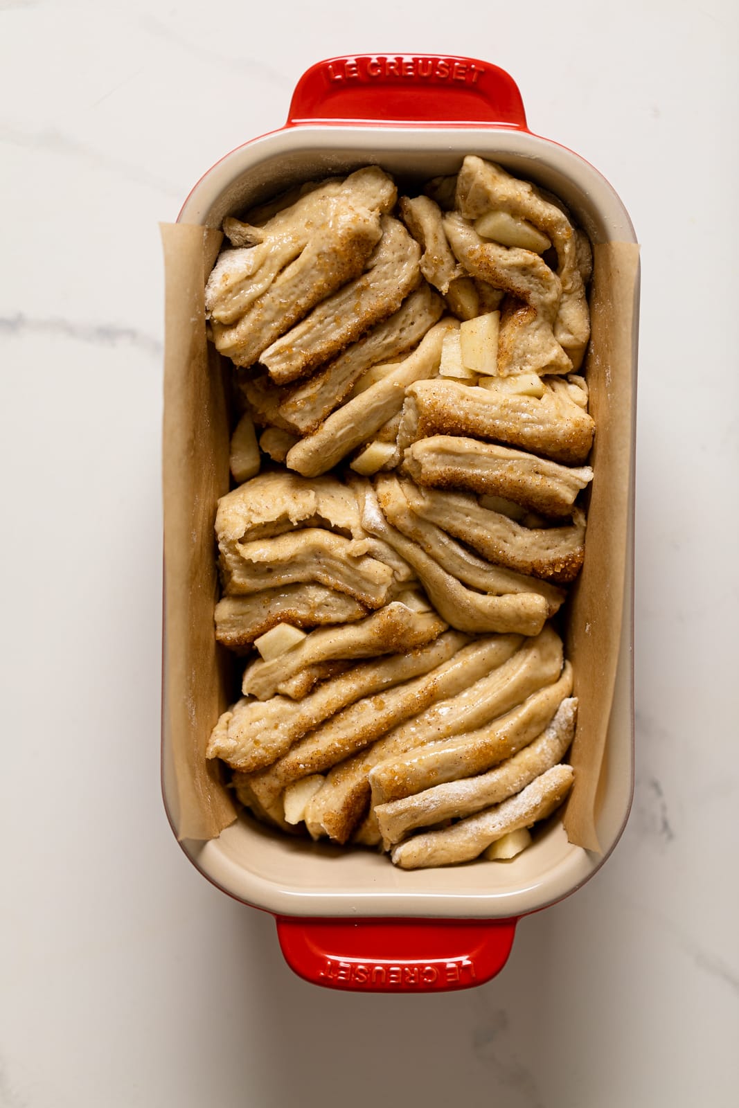 Bread pan pull of Vegan Apple Cinnamon Pull-Apart Bread dough