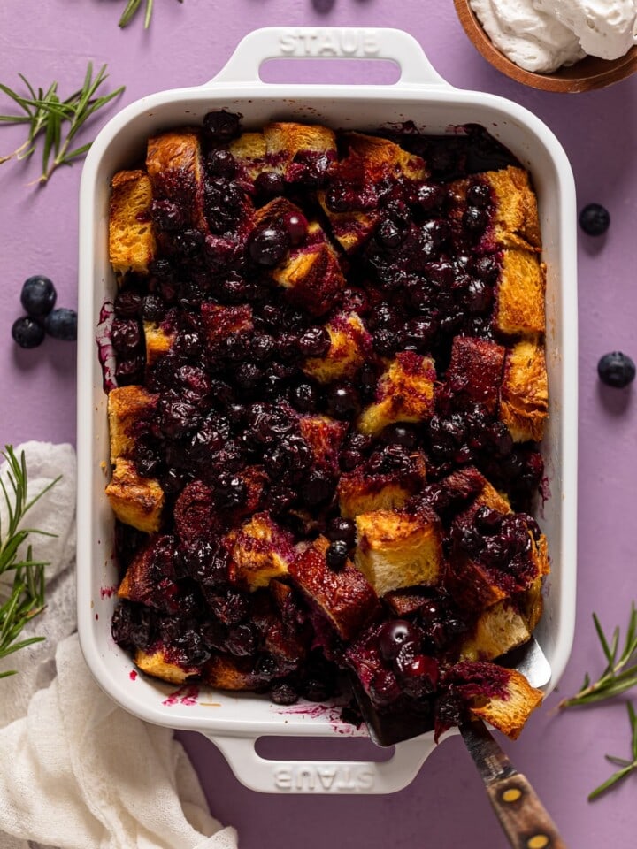 Baking pan of Blueberry Pie French Toast Casserole