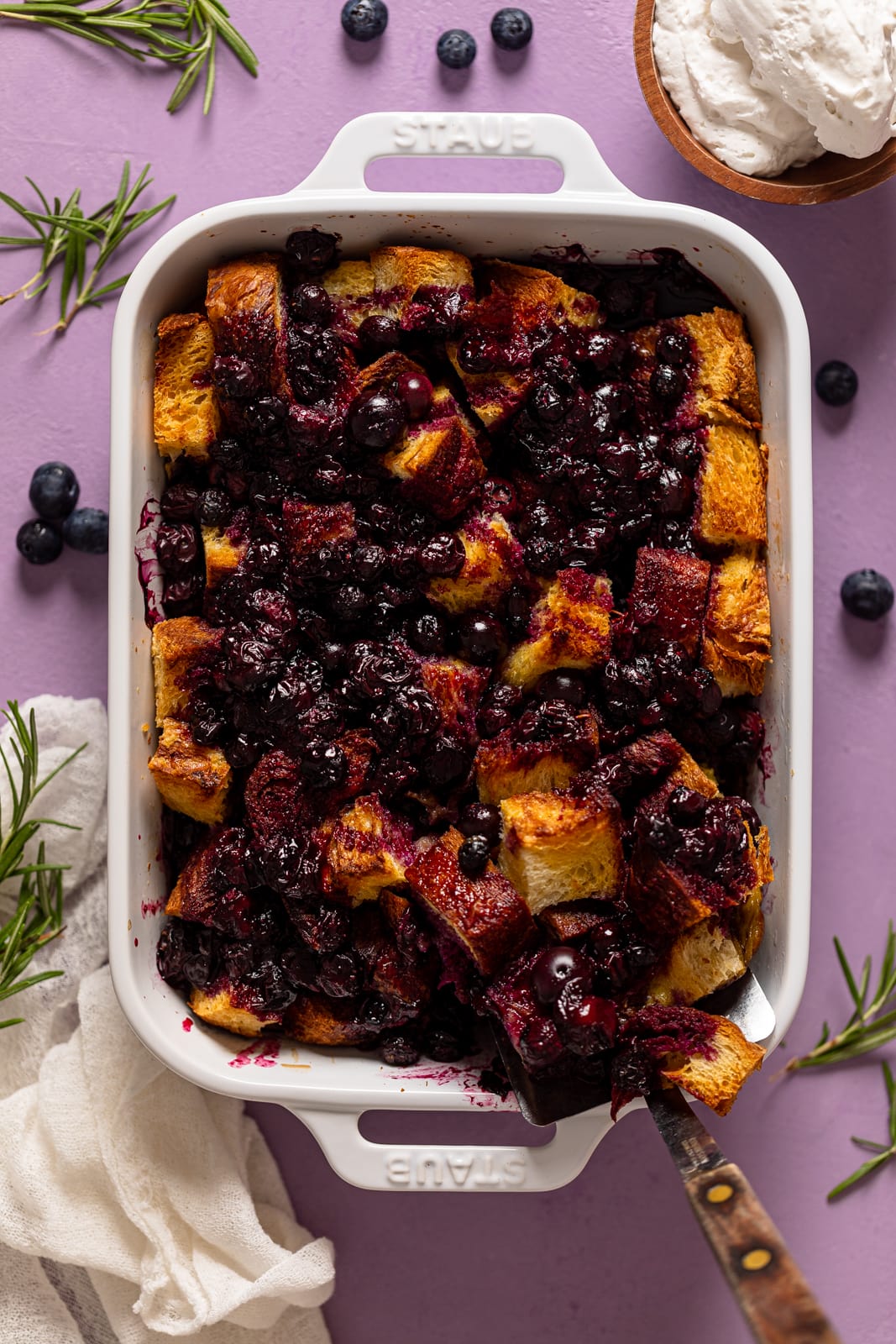 Baking pan of Blueberry Pie French Toast Casserole