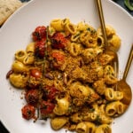 Overhead shot of Southern-Style Cajun Pasta with Pecan Breadcrumbs