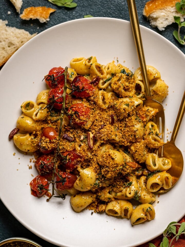 Overhead shot of Southern-Style Cajun Pasta with Pecan Breadcrumbs