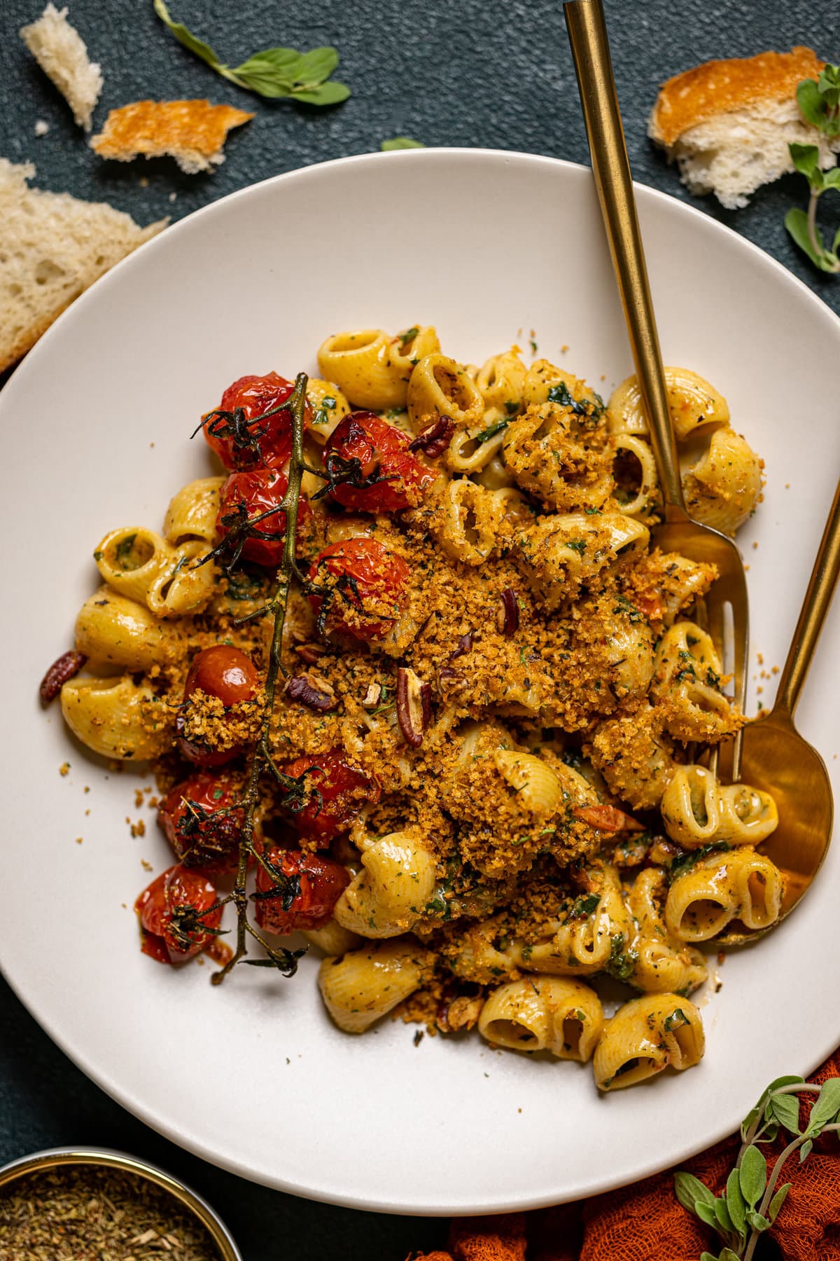 Overhead shot of Southern-Style Cajun Pasta with Pecan Breadcrumbs