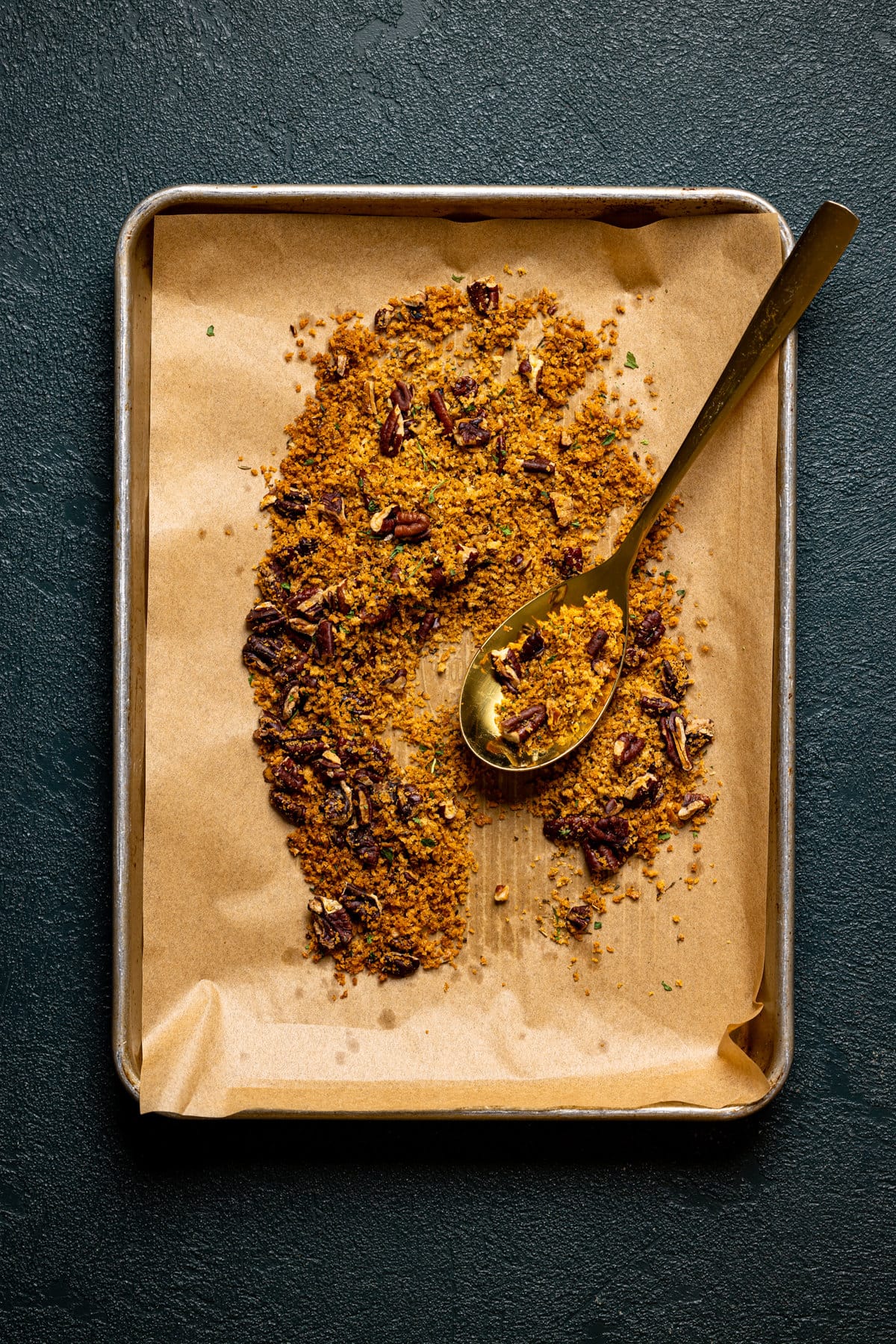 Sheet pan of pecan breadcrumbs