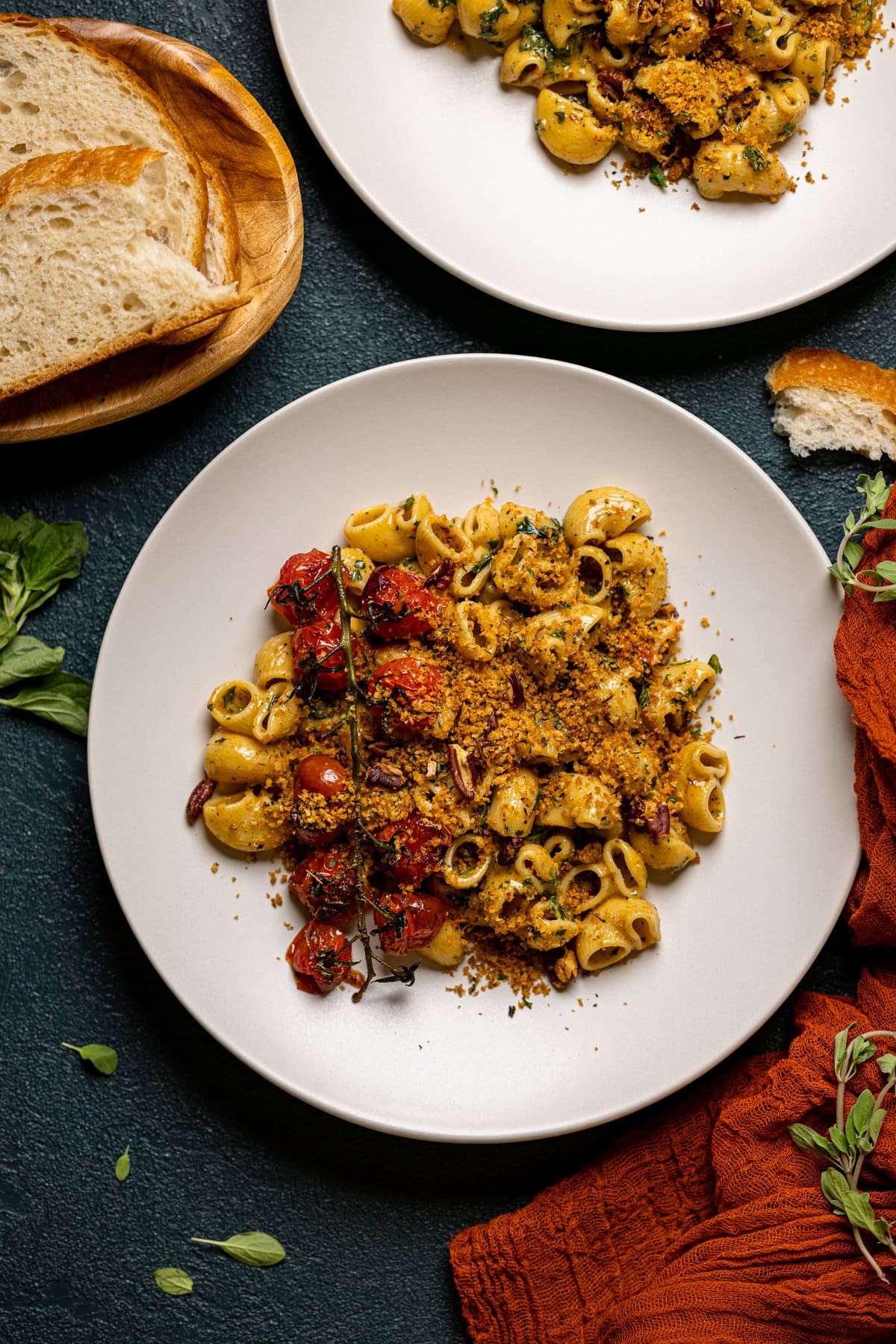 Overhead shot of a plate of Southern-Style Cajun Pasta with Pecan Breadcrumbs