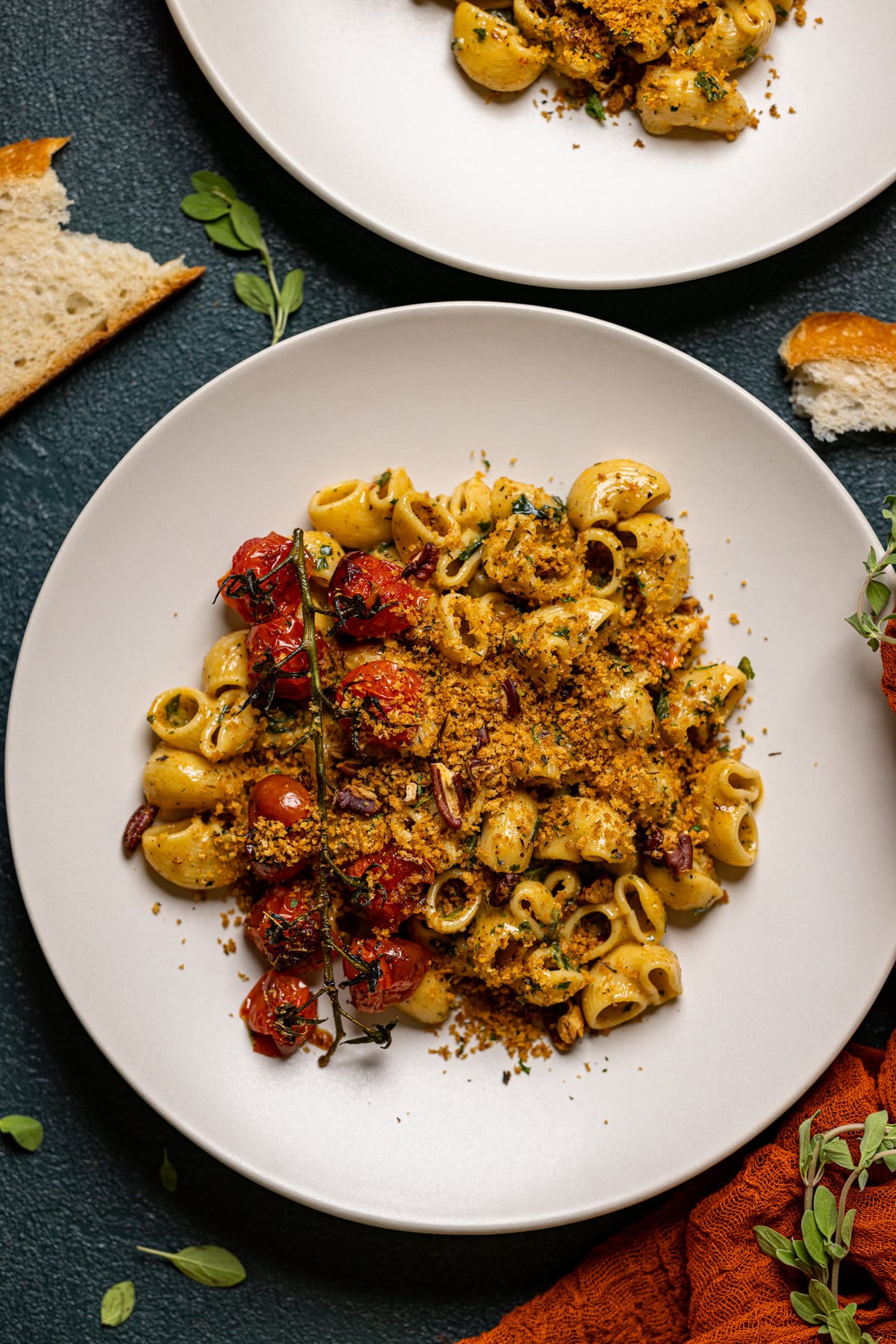 Closeup of a plate of Southern-Style Cajun Pasta with Pecan Breadcrumbs