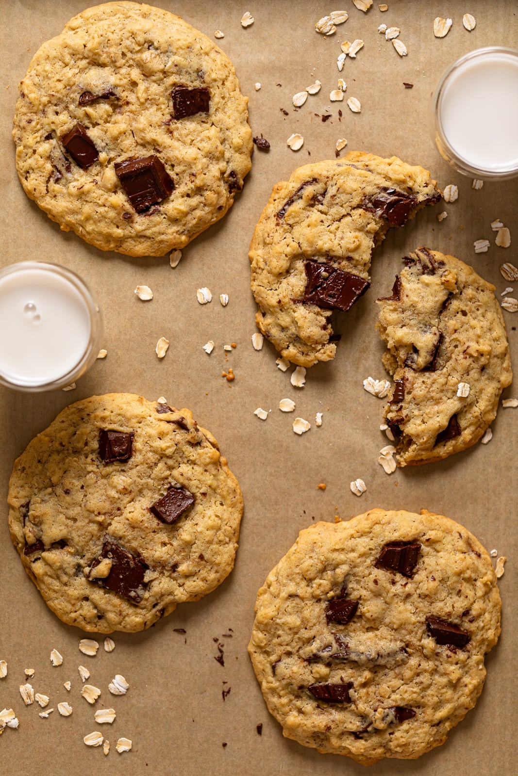 Oatmeal Chocolate Chip Cookies on parchment paper