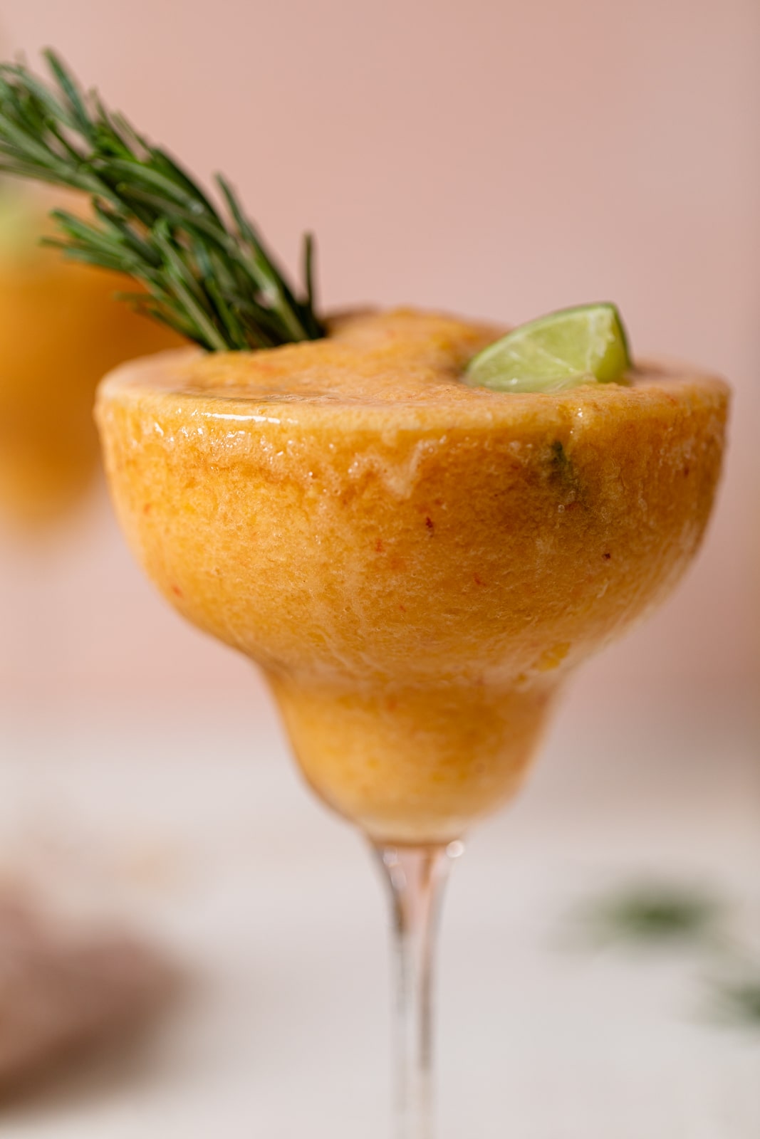 Closeup of a Frozen Peach Lime Margarita Mocktail