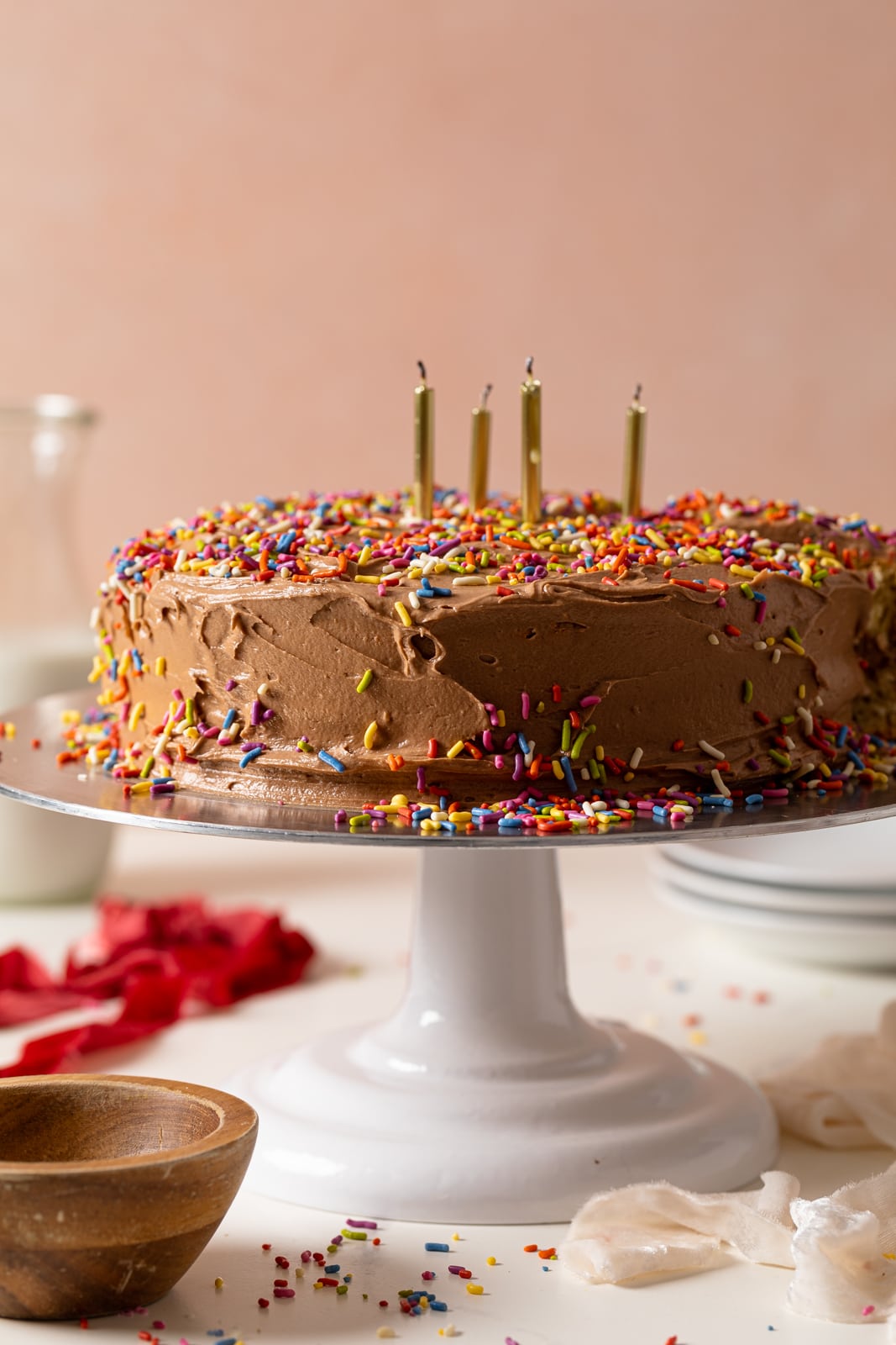 Vanilla Birthday Cake with Chocolate Frosting, sprinkles, and birthday candles