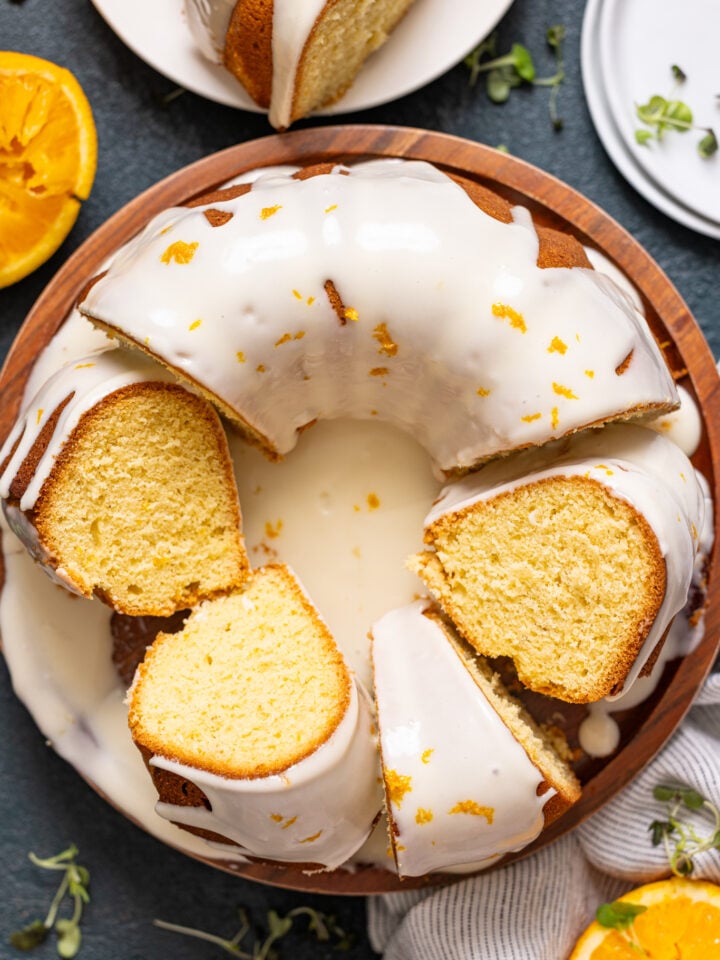 Up close shot of Orange Olive Oil Bundt Cake with slices.