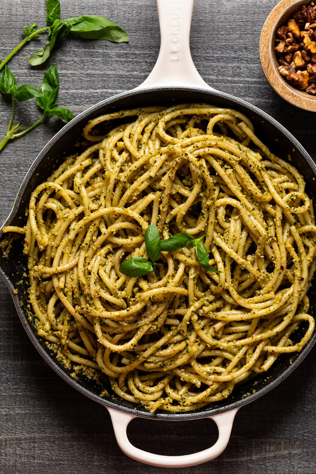 Skillet of Walnut Pesto Bucatini Pasta