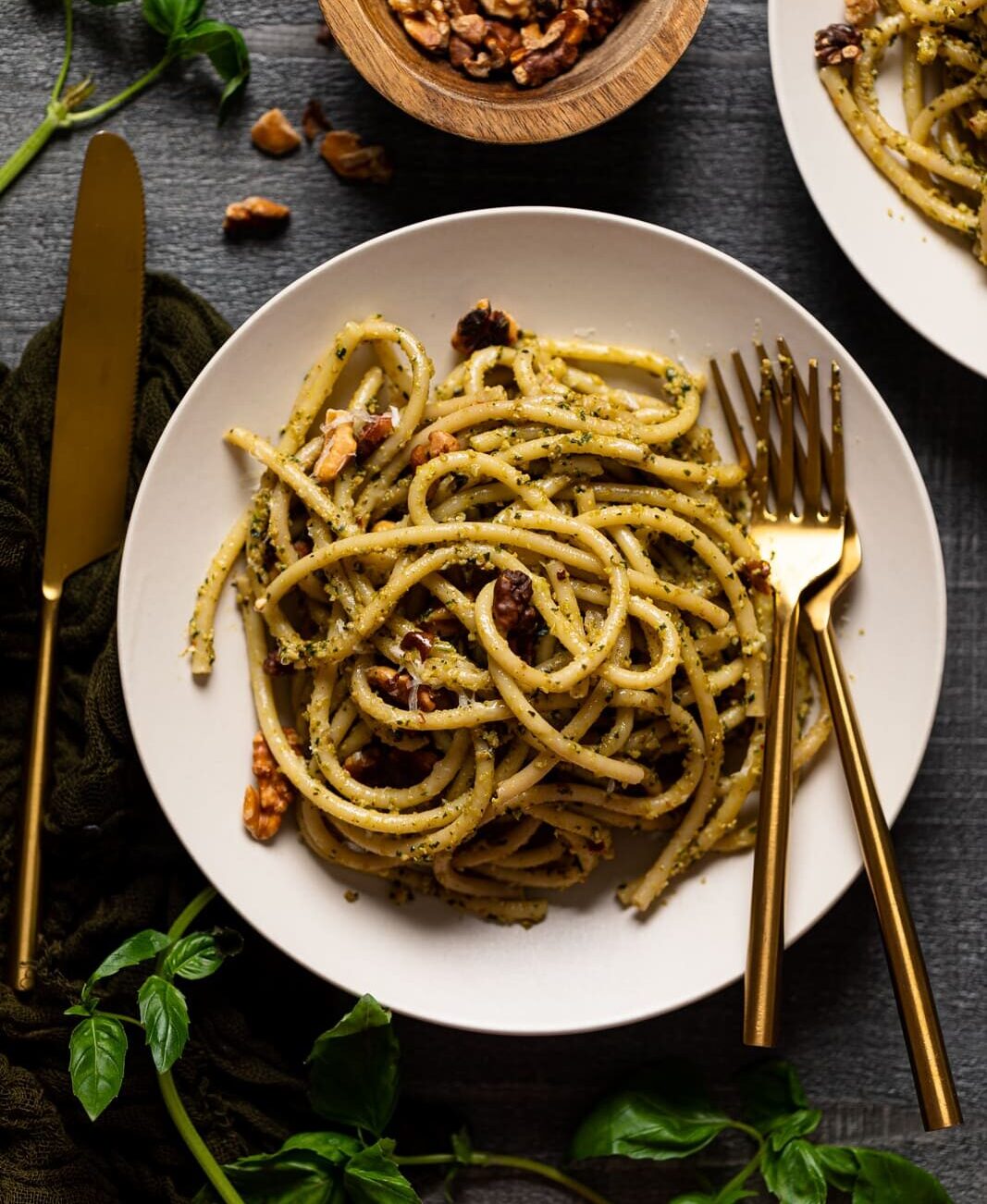 Plate of Walnut Pesto Bucatini Pasta