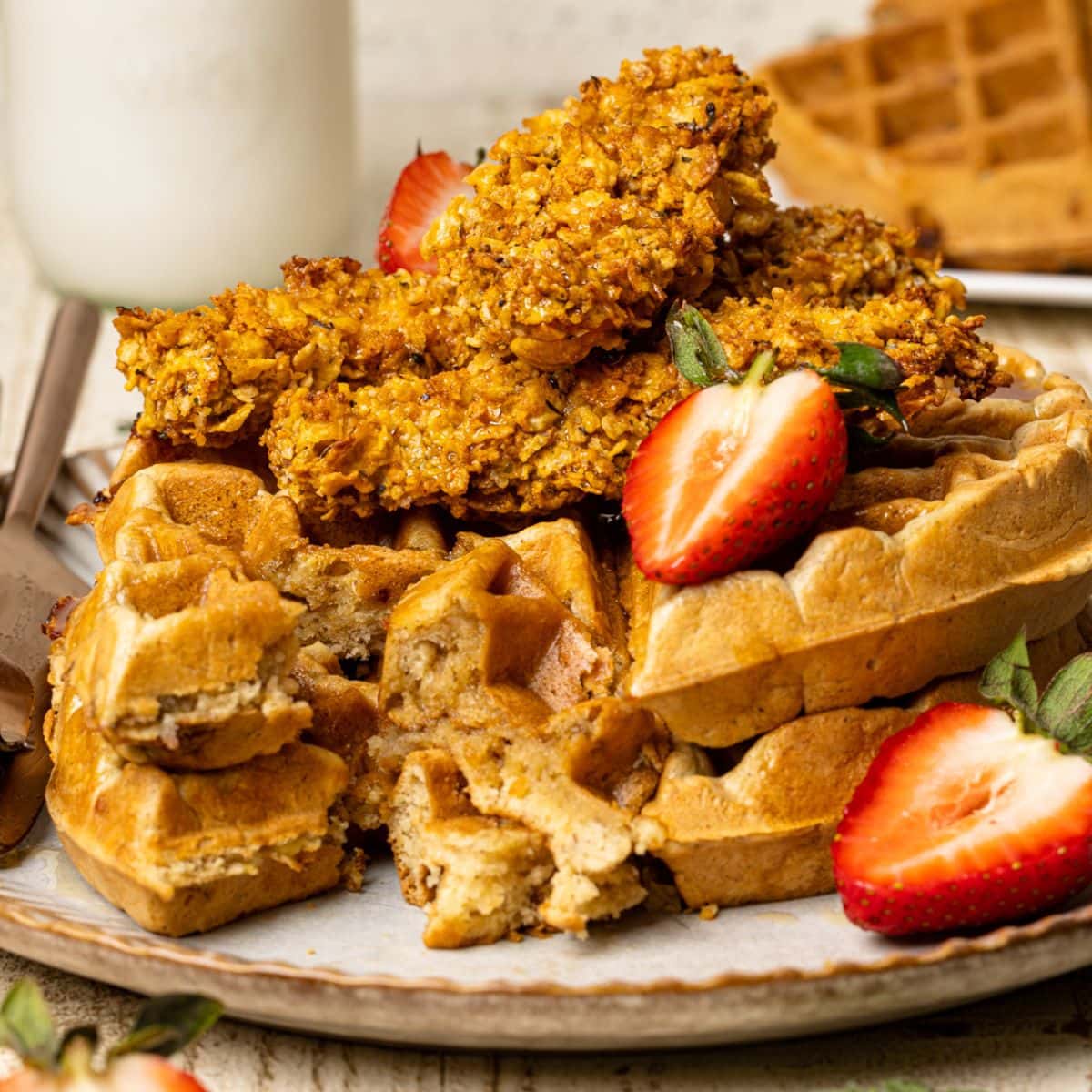 Chicken and waffles on a white plate on a white wooden table with a glass of milk and strawberries.