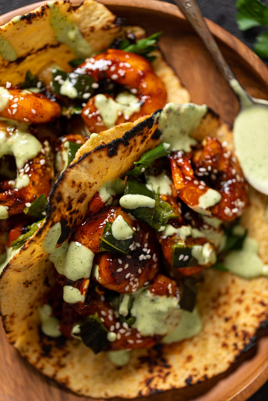 Closeup of Gochujang Shrimp Tacos