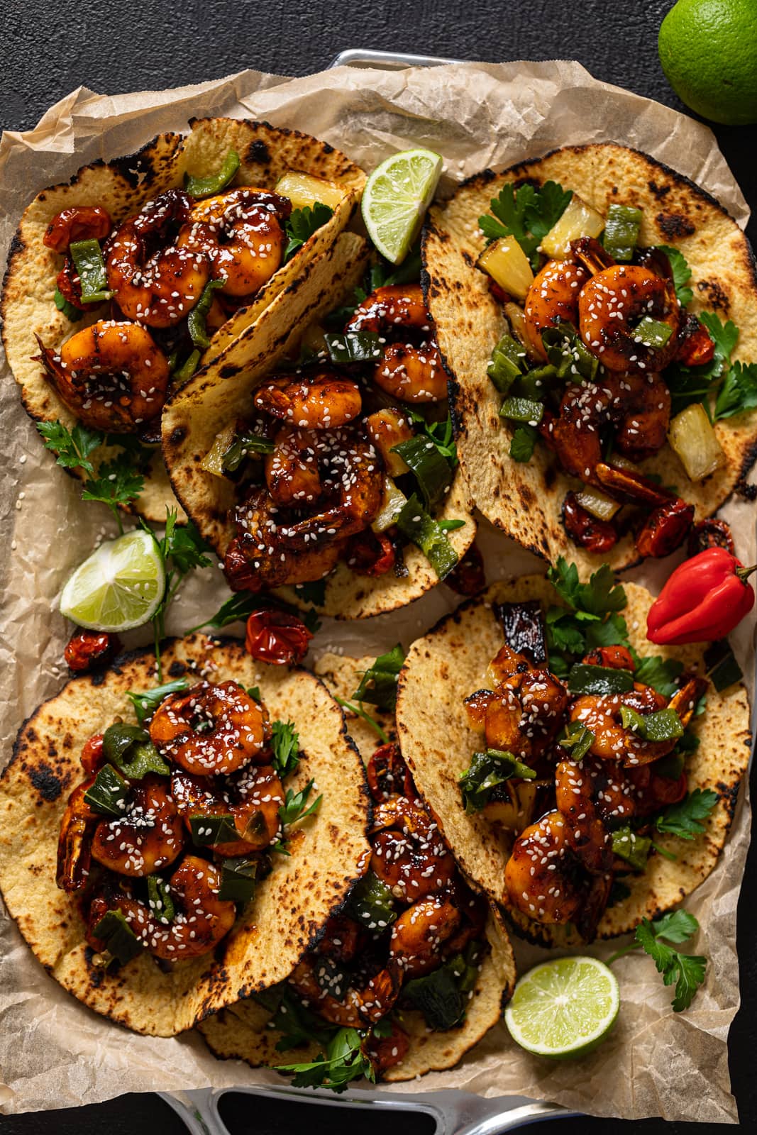 Overhead shot of several Gochujang Shrimp Tacos