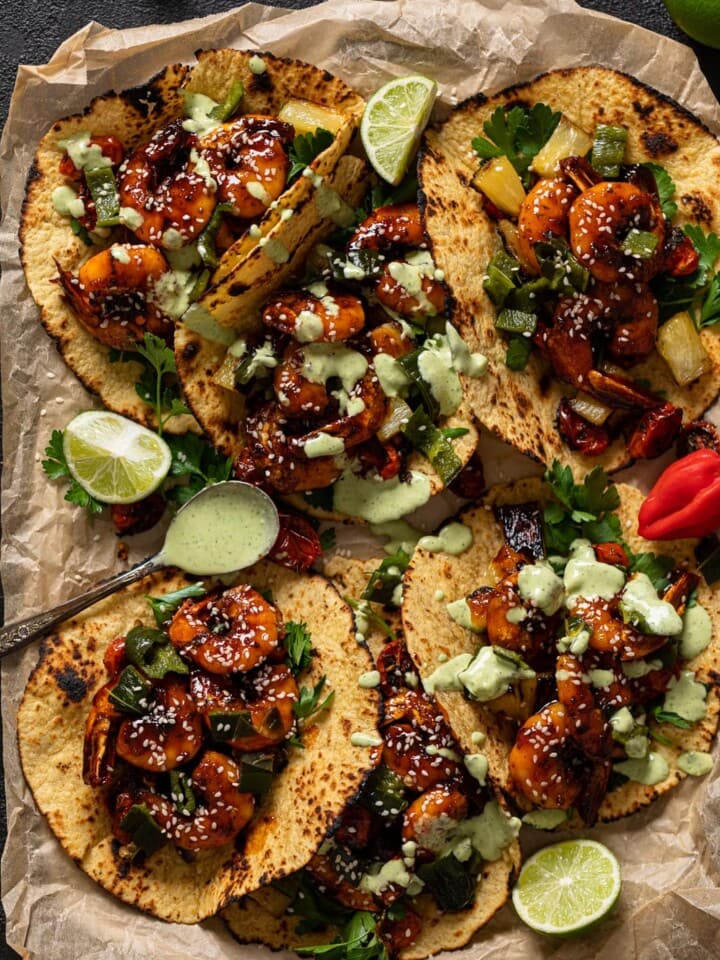 Overhead shot of several Gochujang Shrimp Tacos