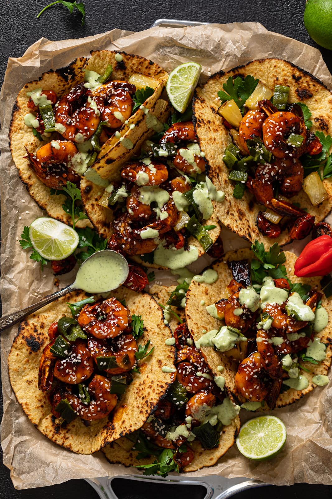 Overhead shot of several Gochujang Shrimp Tacos