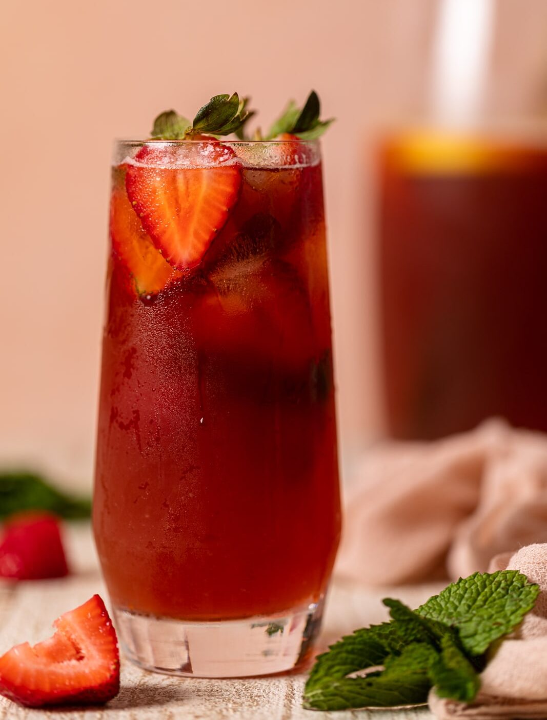 Closeup of a glass of Southern Strawberry Iced Sweet Tea