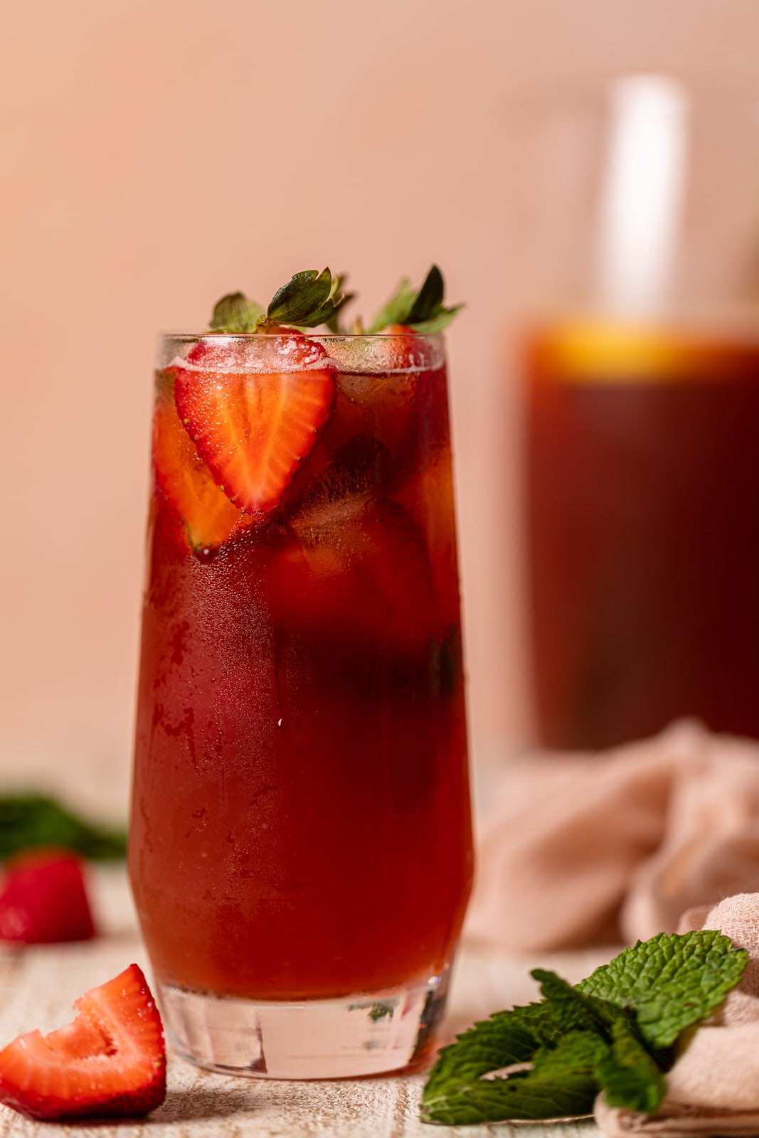 Closeup of a glass of Southern Strawberry Iced Sweet Tea