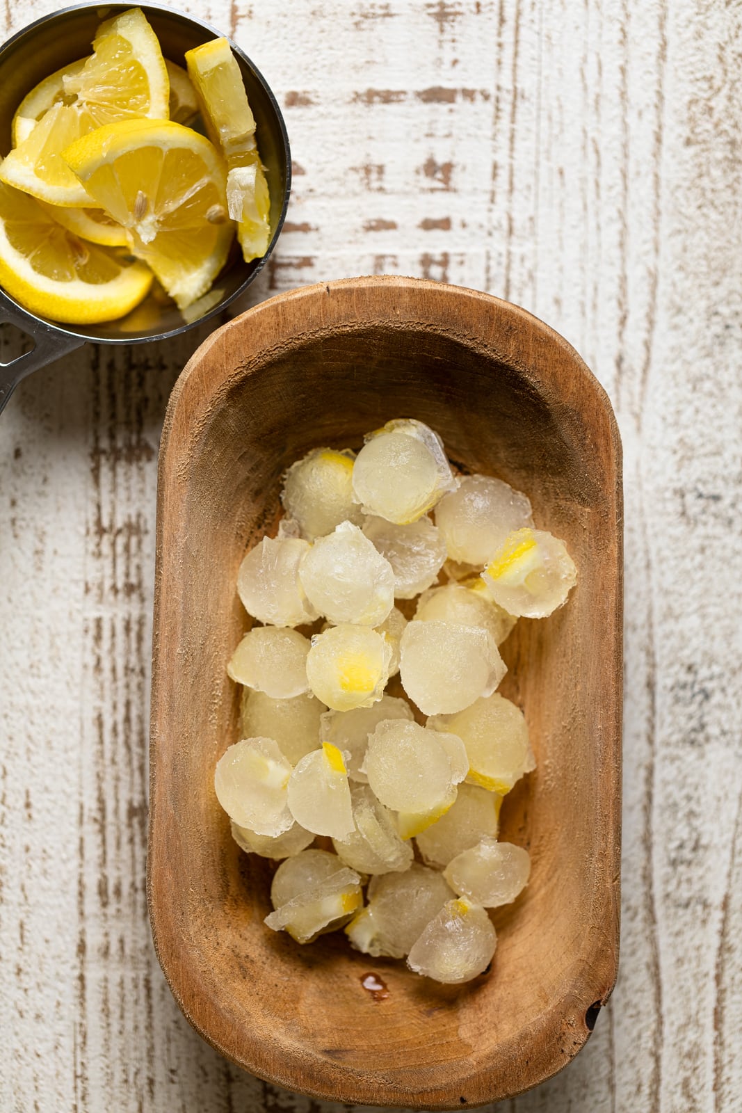 Wooden bowl of Lemonade Ice Cubes