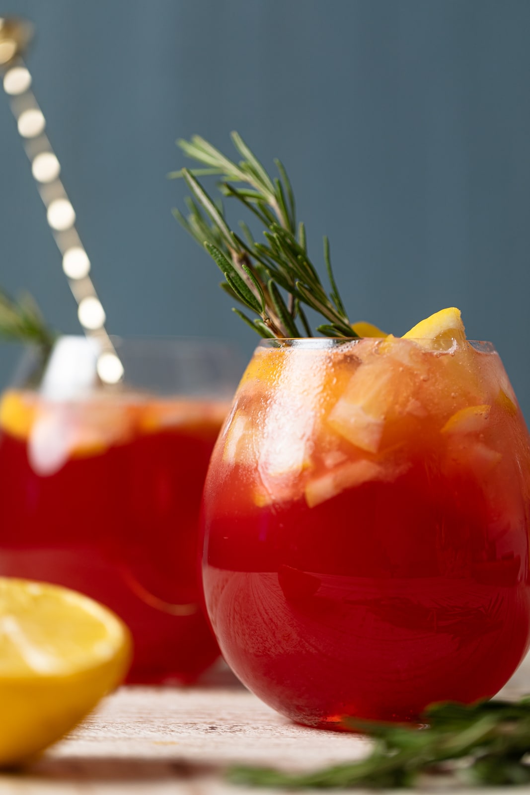 Closeup of Cranberry Lemon Spritzer with Lemonade Ice Cubes