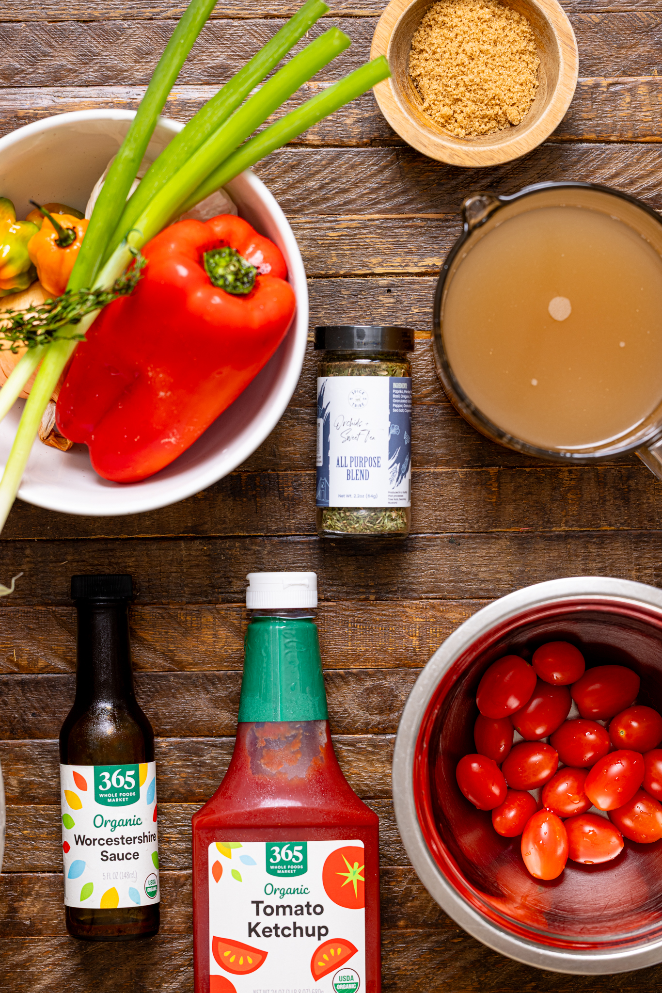 Ingredients on a brown wood table.