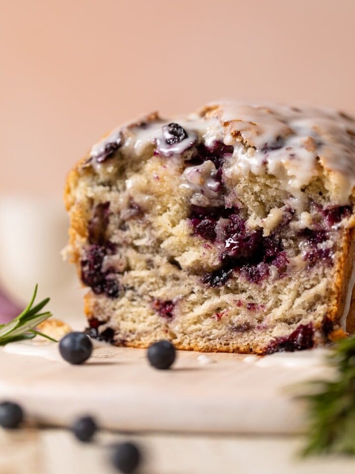 Loaf of Roasted Blueberry Lemon Olive Oil Bread with an end sliced off