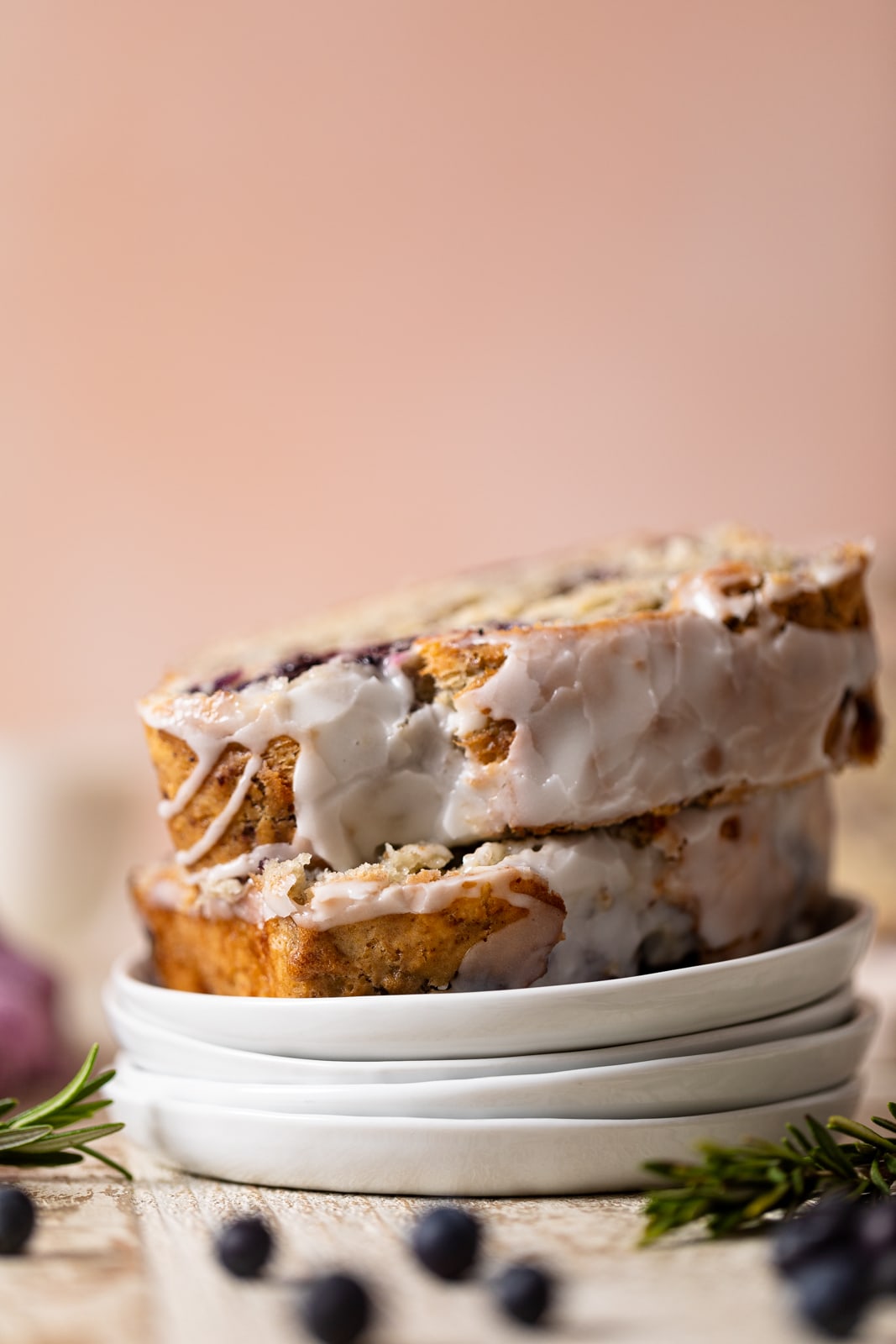 Two slices of Roasted Blueberry Lemon Olive Oil Bread 