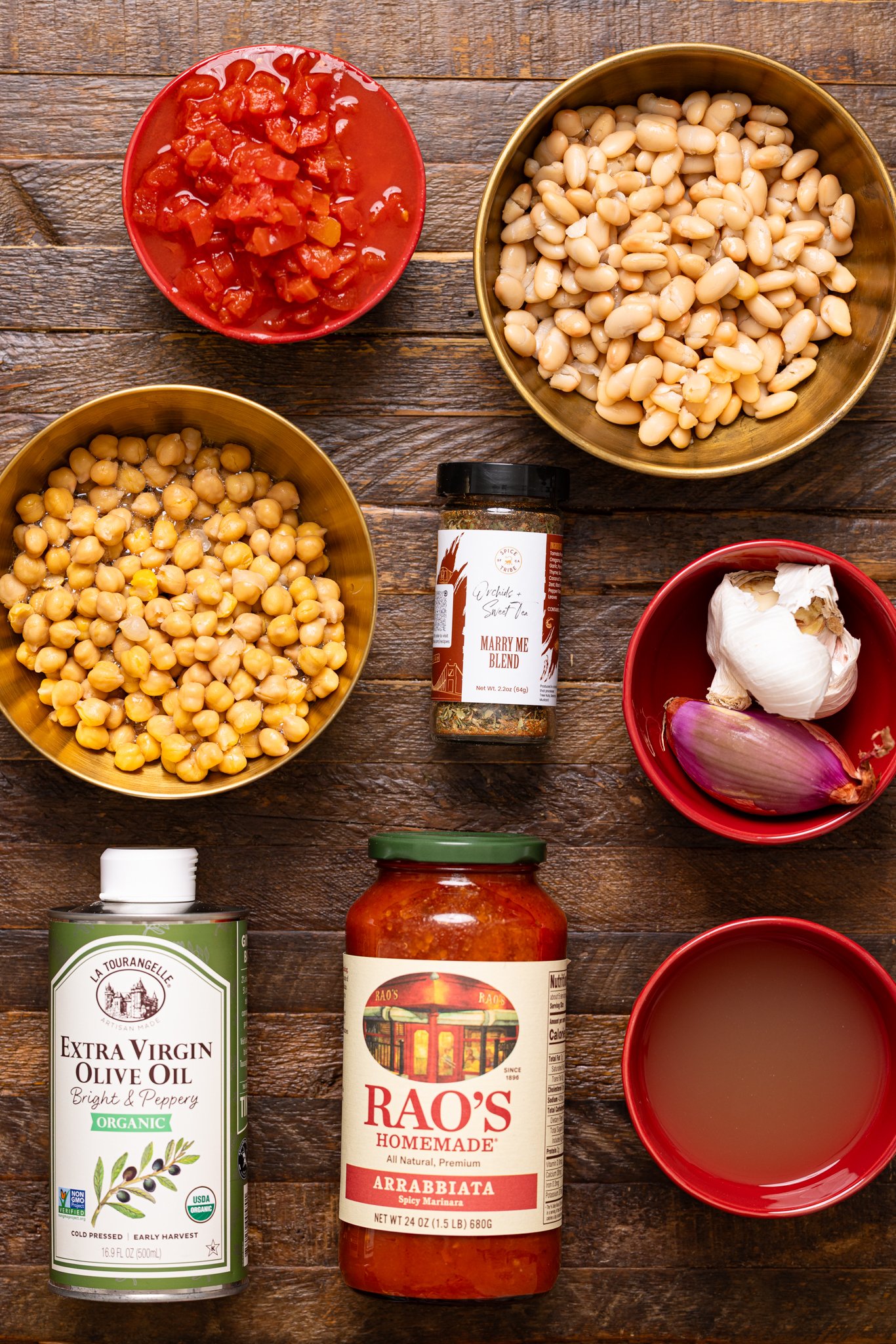 Ingredients on a brown wood table.