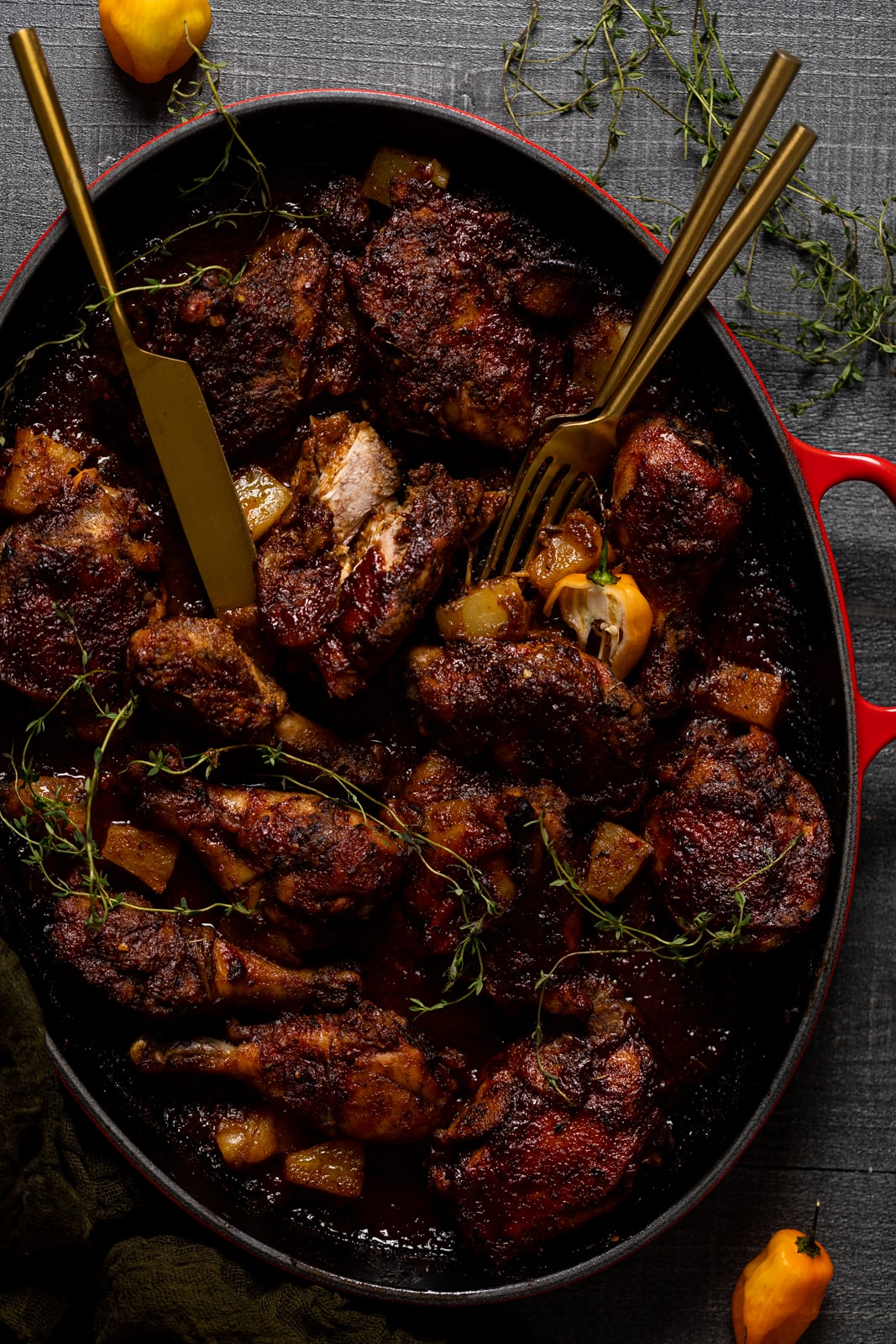 Dutch oven of Baked Jamaican Pineapple Jerk Chicken