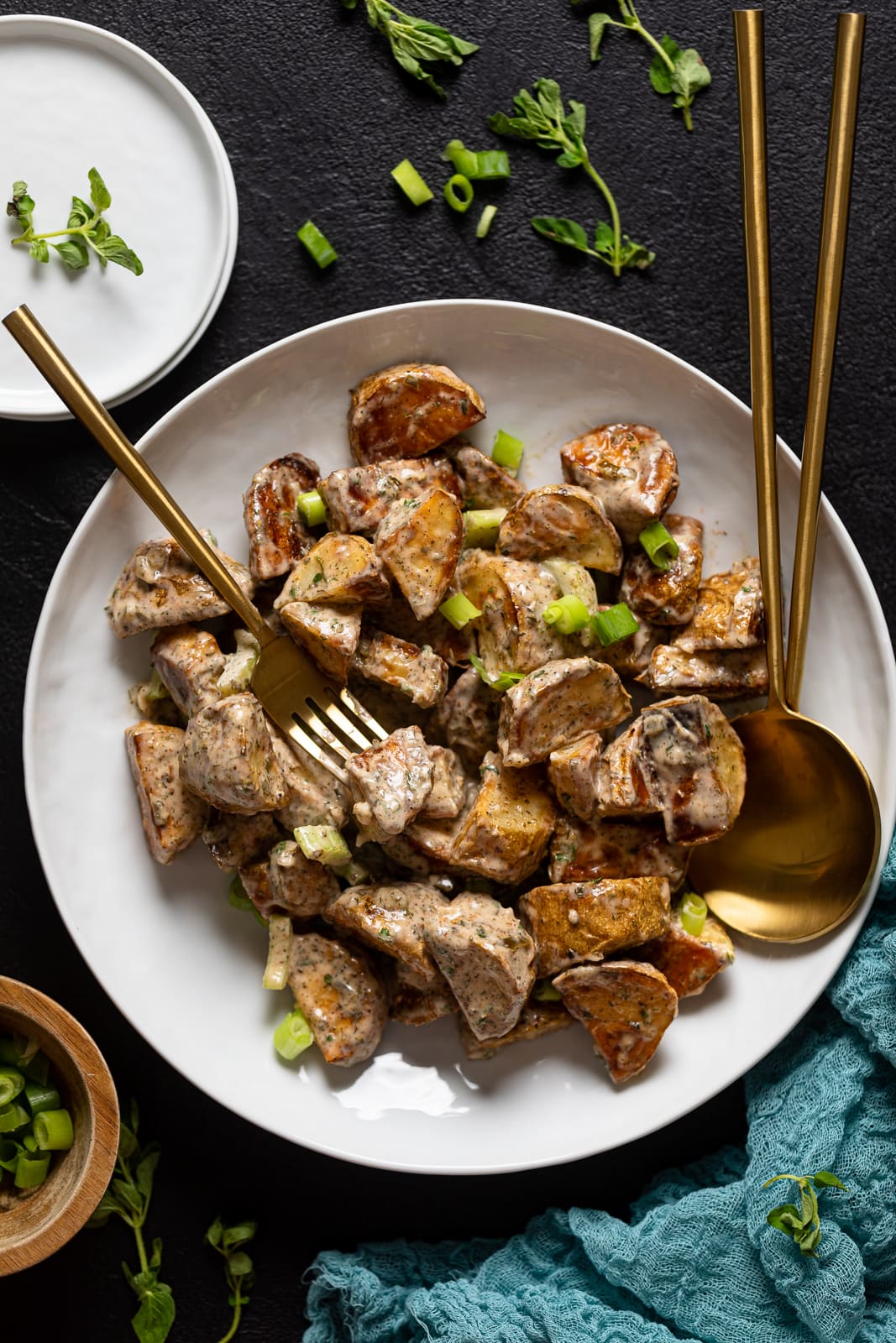 Overhead shot of a plate of Vegan Roasted Potato Salad 