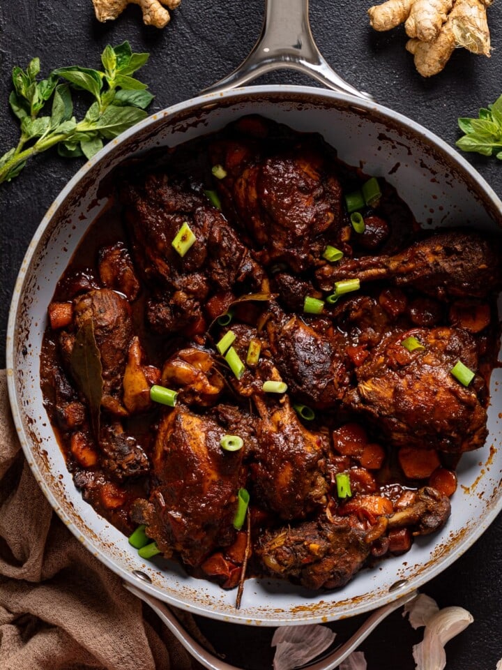 Overhead shot of Jamaican Brown Stew Chicken