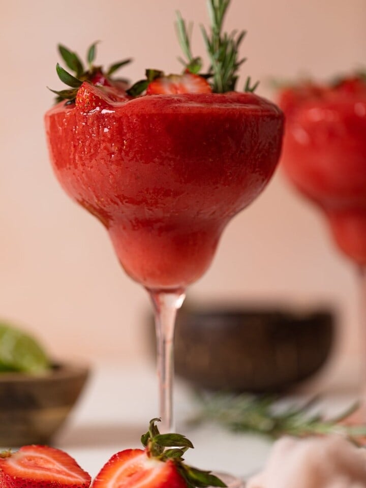 Frozen Cucumber Watermelon Strawberry Mocktail in a long-stemmed glass