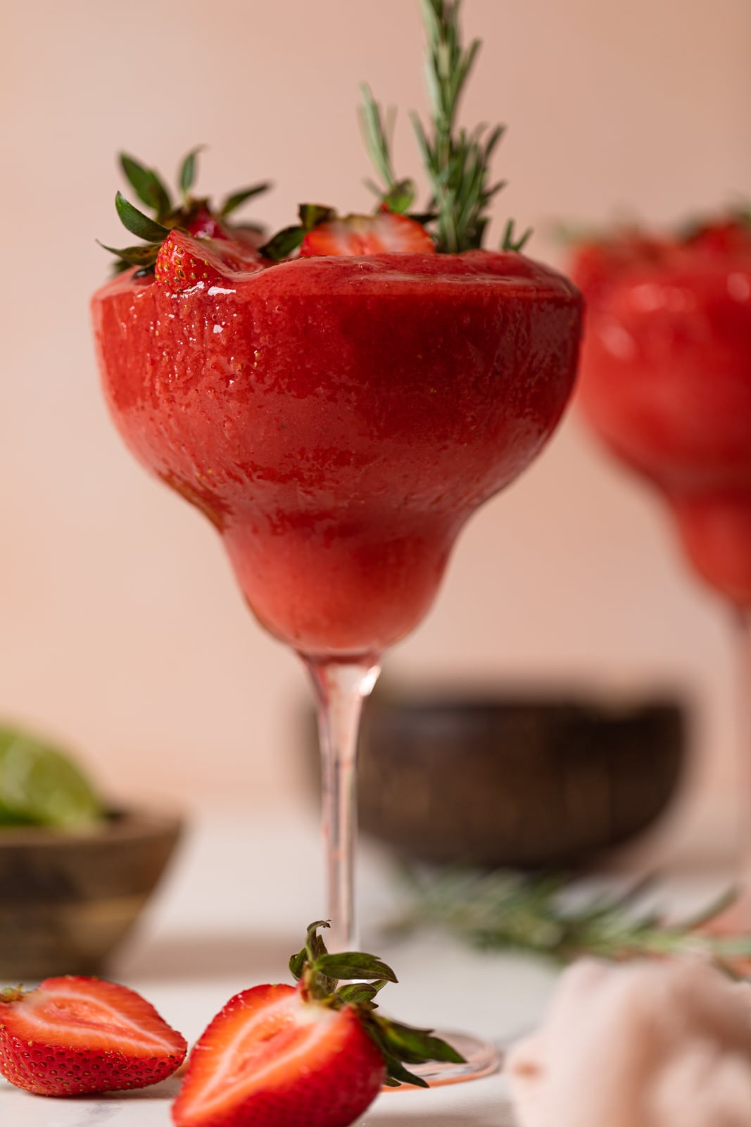 Frozen Cucumber Watermelon Strawberry Mocktail in a long-stemmed glass