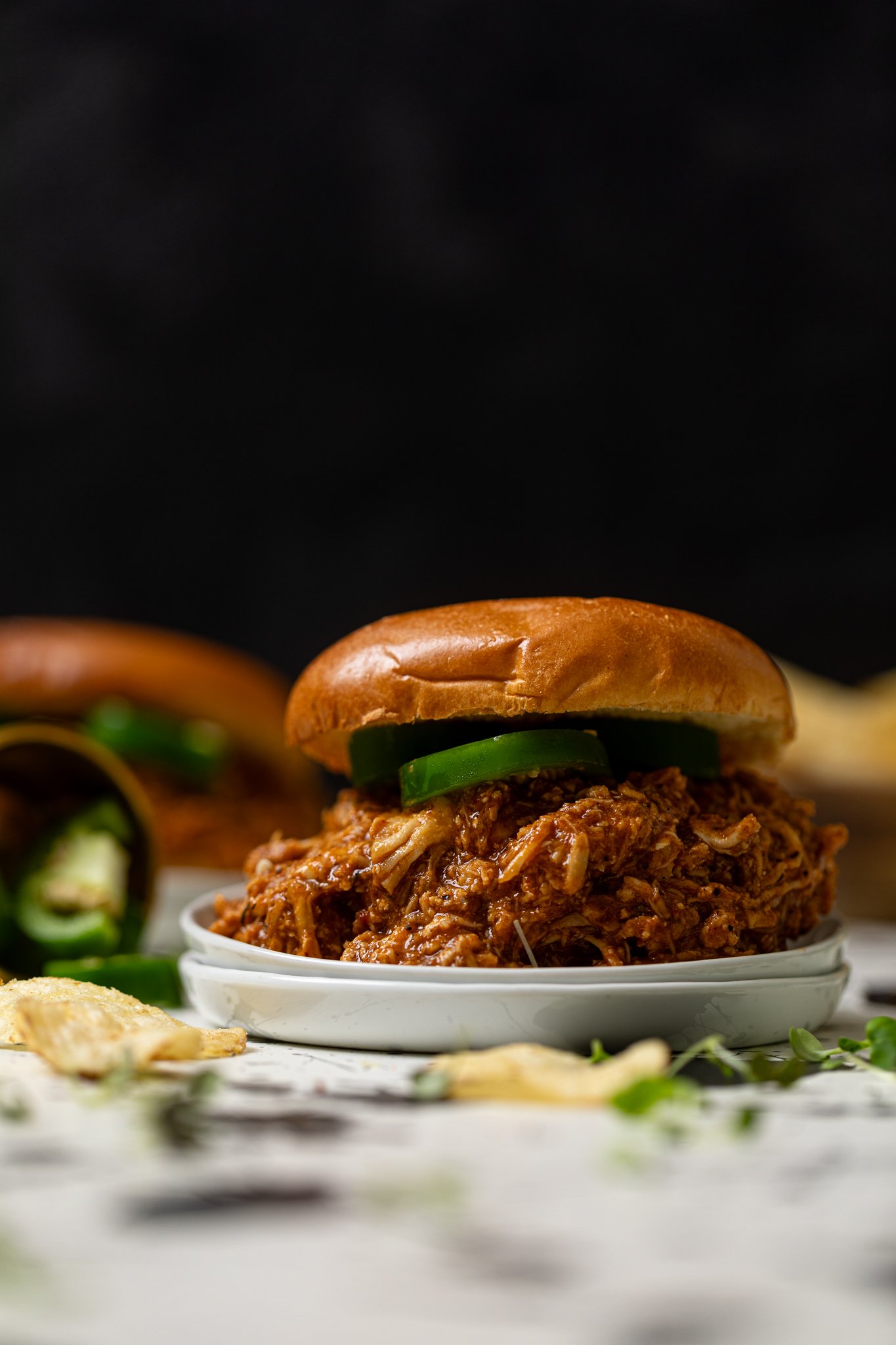 Best BBQ Pulled Chicken Sandwich with chips.