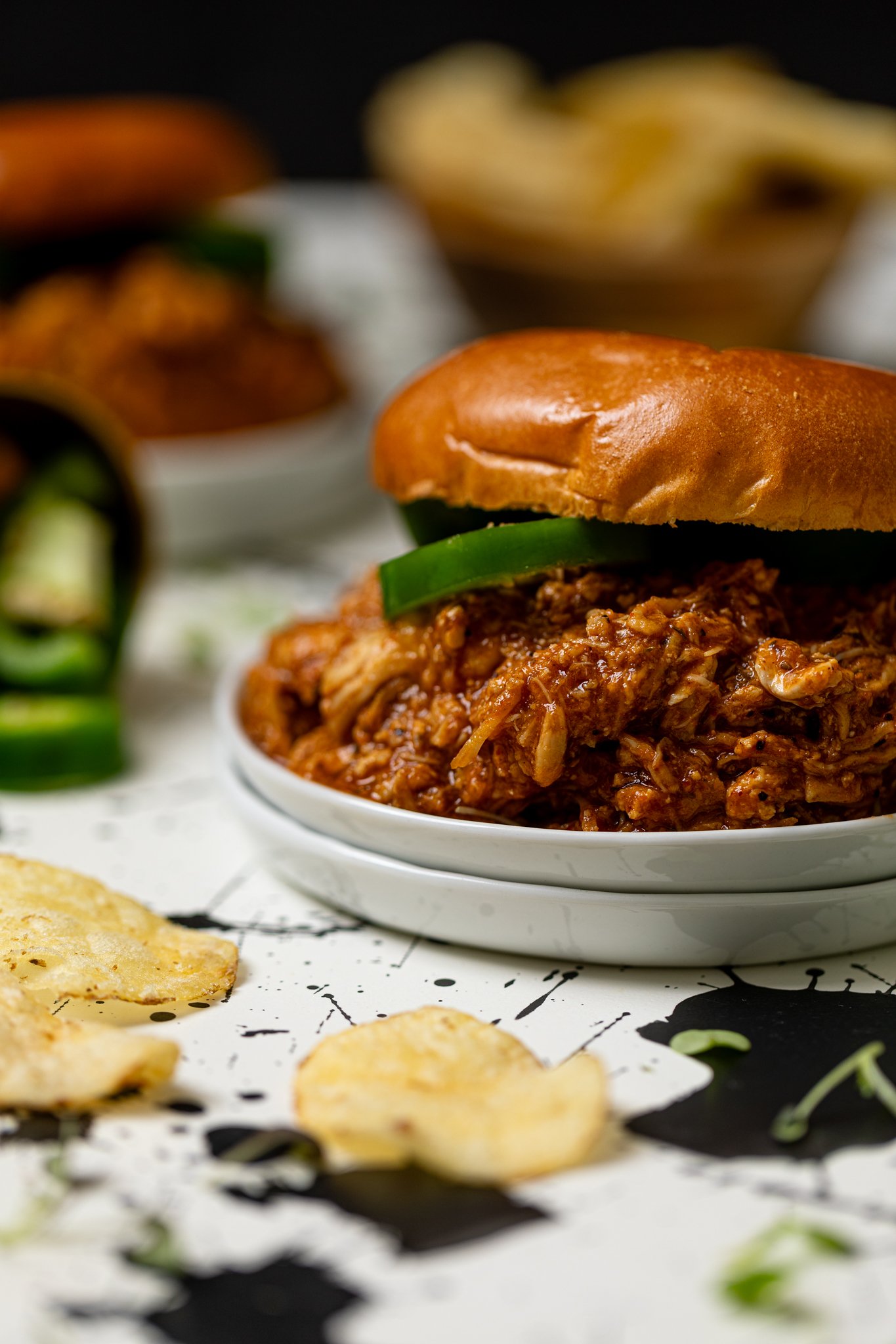 Side view of Best BBQ Pulled Chicken Sandwich.