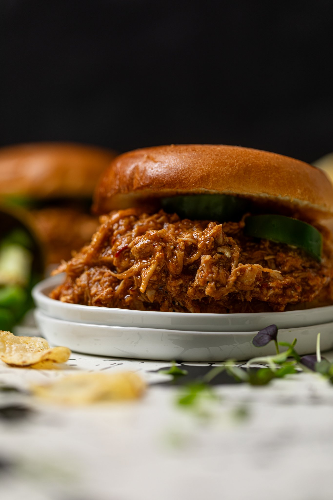 Up close shot of Best BBQ Pulled Chicken Sandwich.