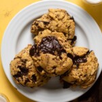 Pile of Big Brown Butter Chocolate Chip Cookies on a plate