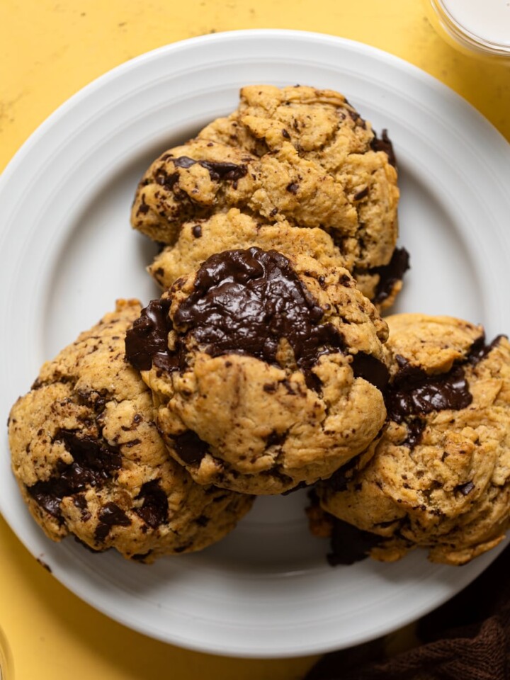 Pile of Big Brown Butter Chocolate Chip Cookies on a plate