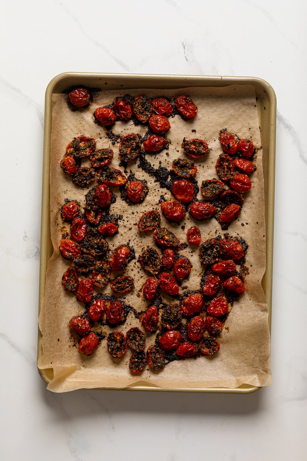 Sheet pan of roasted tomatoes