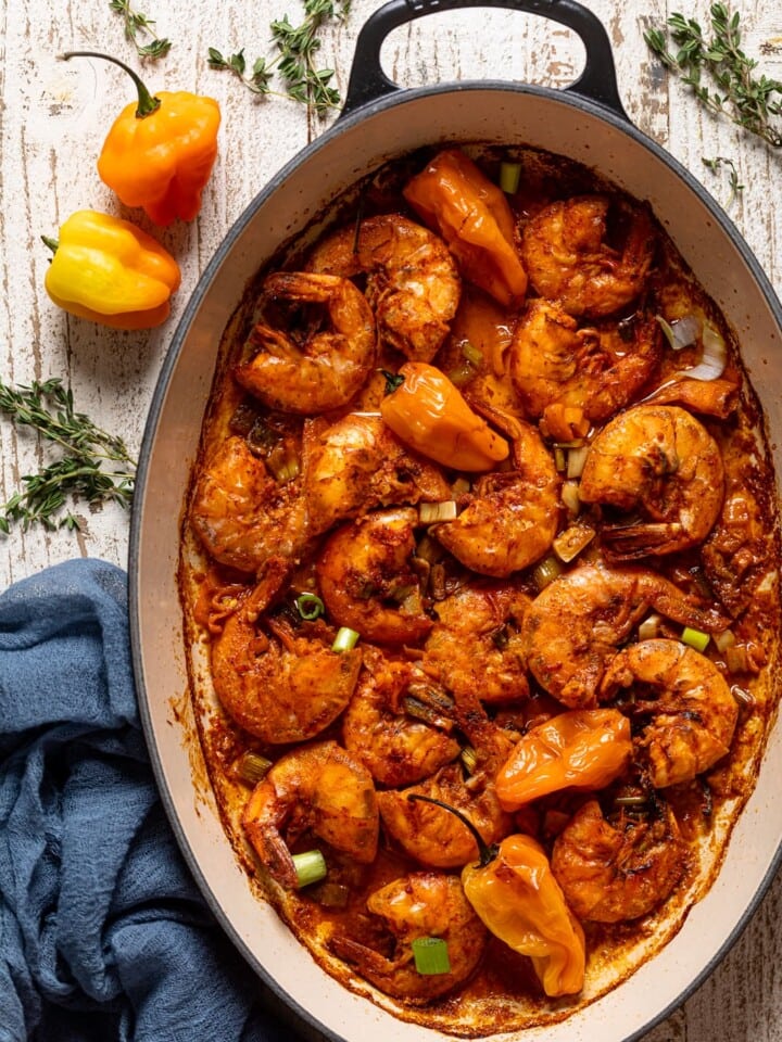 Jamaican Spicy 'Pepper' Shrimp in a Dutch oven