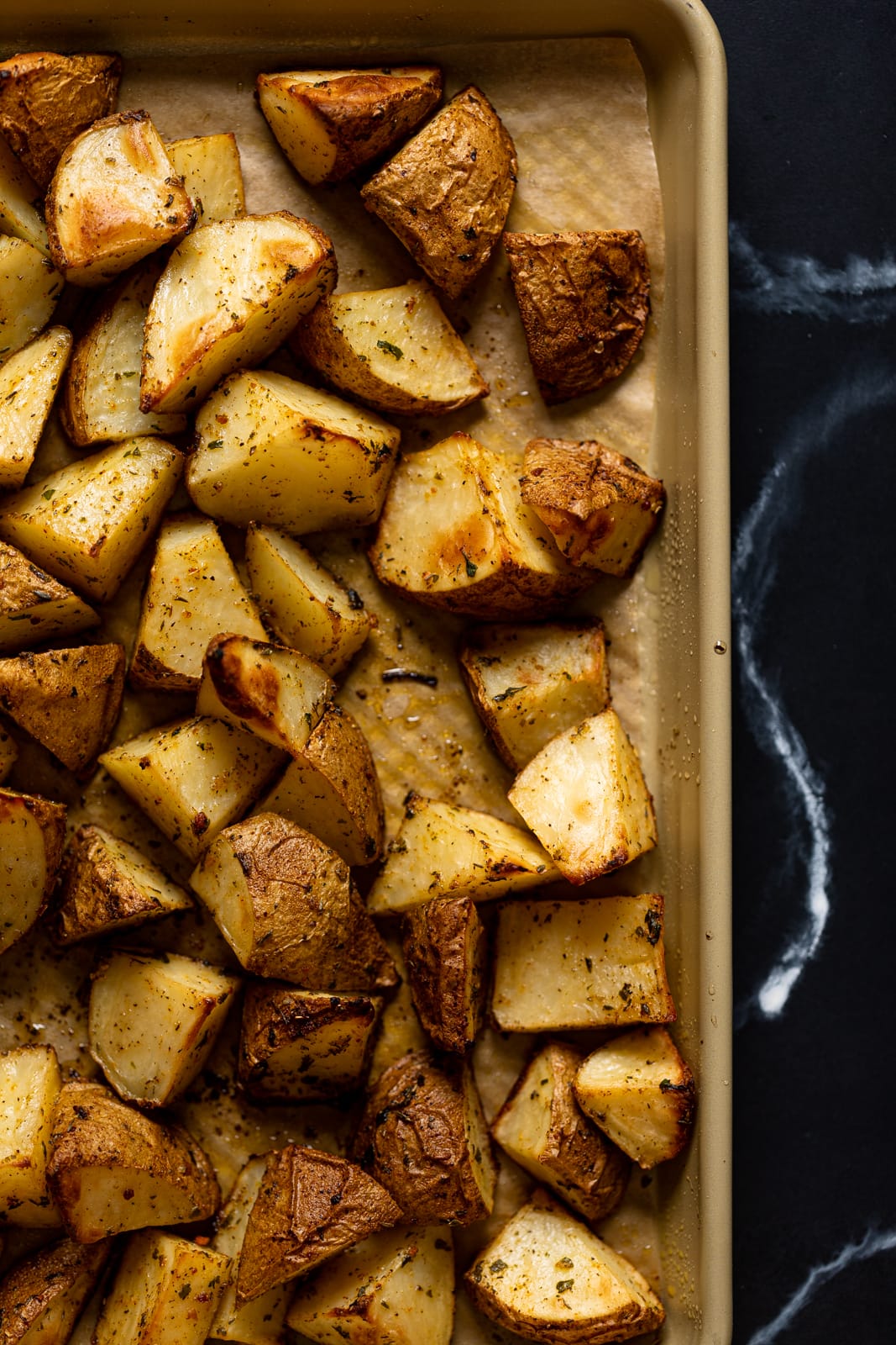 Tray of roasted potatoes